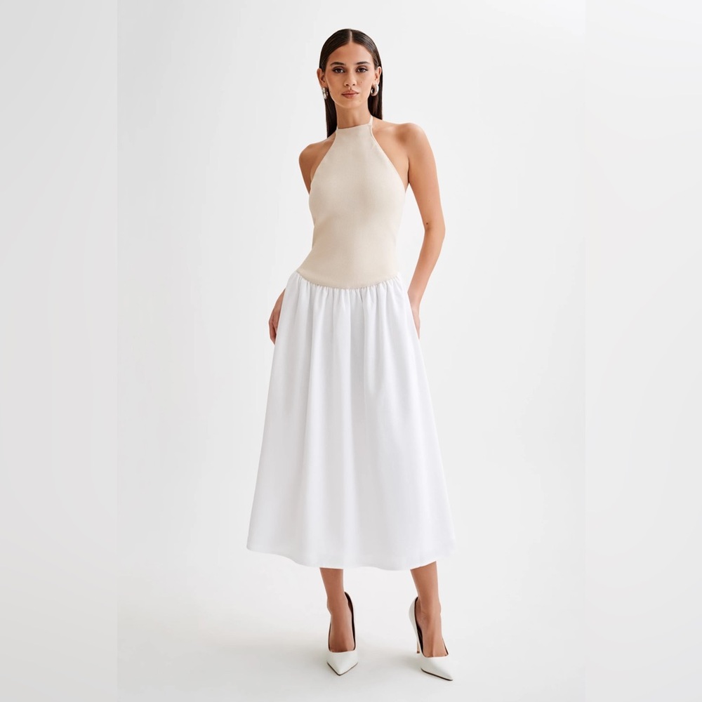MESHKI Katie White Linen & Nude Knit Midi Dress - Picture 4 of 16